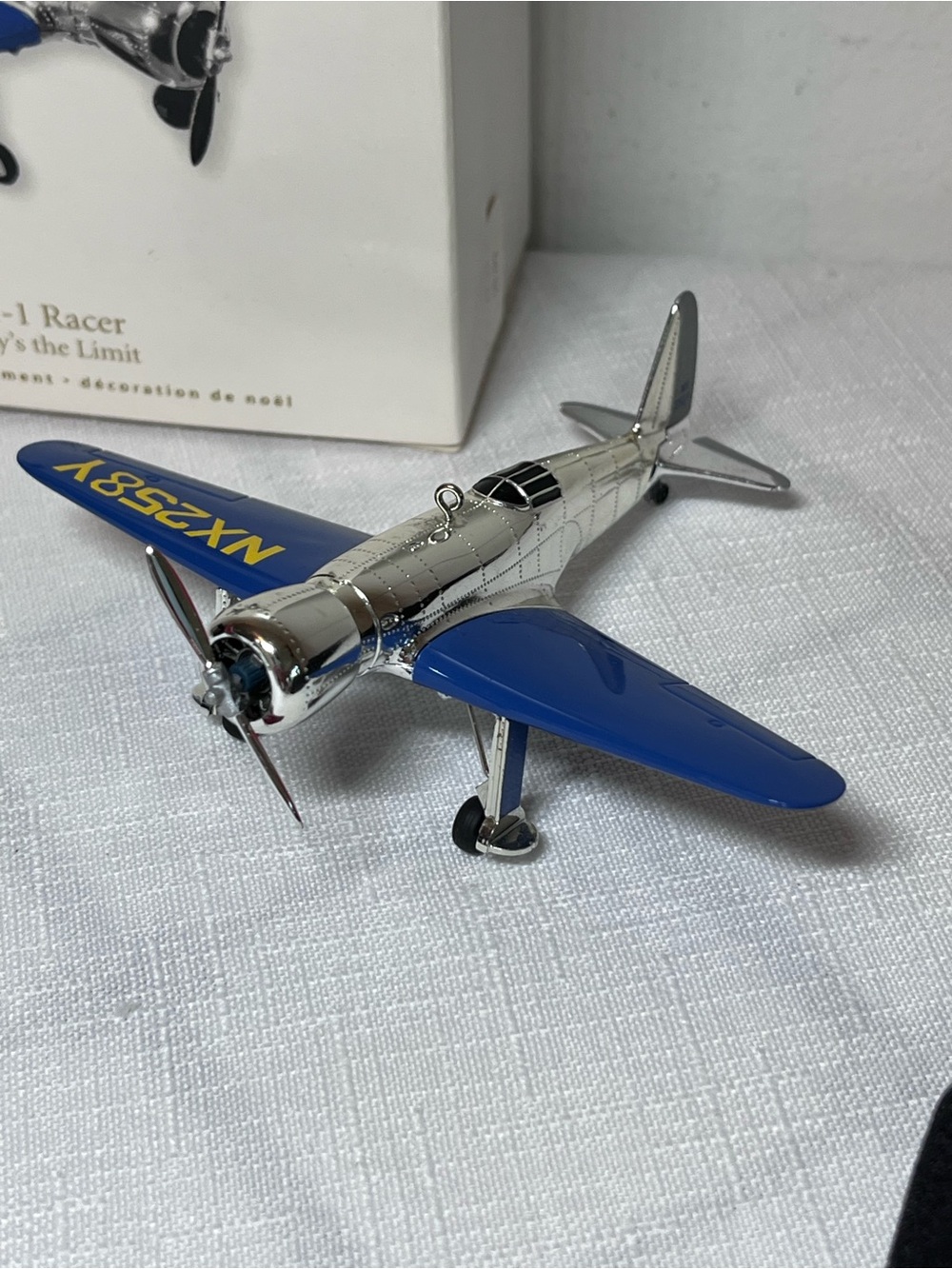 Hallmark Silver and Blue Vintage H1 Racer Airplane Tree Ornament
Like new